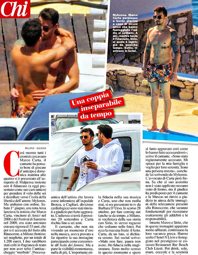 Marco Carta a Mykonos tra le braccia del fidanzato Sirio 