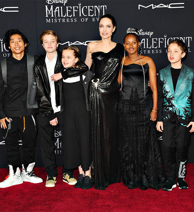 Angelina insieme ai figli Maddox, 18 anni, Pax, 15, Zahara, 14, Shiloh, 13, e i gemellini di 11 anni Knox e Vivienne