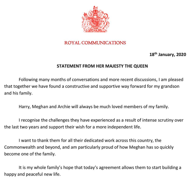 Il comunicato stampa che annunciato l'addio totale di Harry e Meghan alla famiglia reale e evidenzia l'affetto della Regina nei loro confronti ed in particolare verso Meghan
