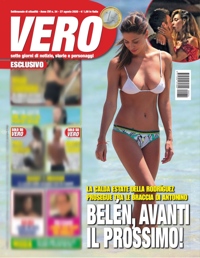 Belen Rodriguez in copertina sul settimanale 'Vero', nel numero in edicola da venerdì 21 agosto: la showgirl 35enne appare 'avvinghiata' ad un altro uomo, si tratterebbe del 25enne Antonino Spinalbese