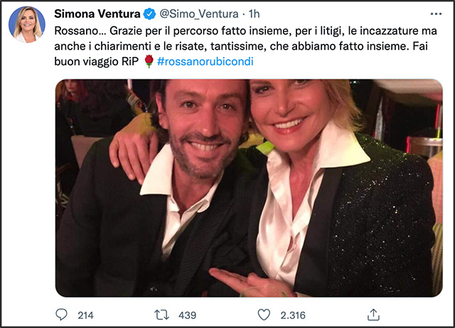 Il post social con cui Simona Ventura ha annunciato al mondo la morte di Rossano Rubicondi a soli 49 anni