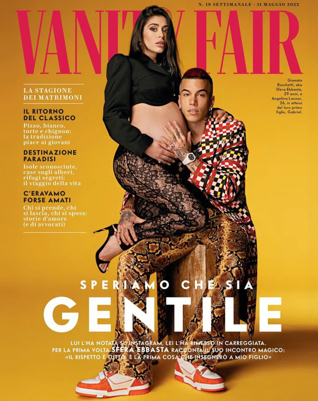 Sfera Ebbasta e la compagna incinta Angelina Lacour sulla cover di Vanity Fair: genere e nome del nascituro
